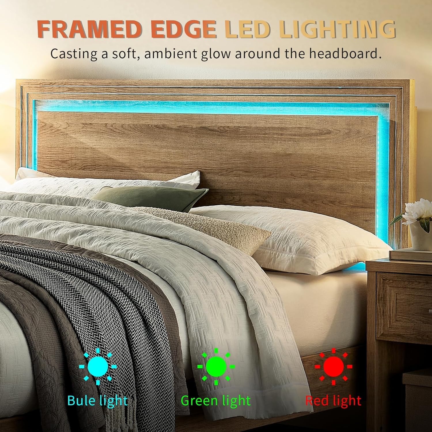 Cherytika Bed Frame and Nightstand Set, Queen Wood Bed Frame with LED Headboard and 2 Bedside Tables, 3 Pieces Bedroom Furniture Set, Classic Modern (Natural Wood)