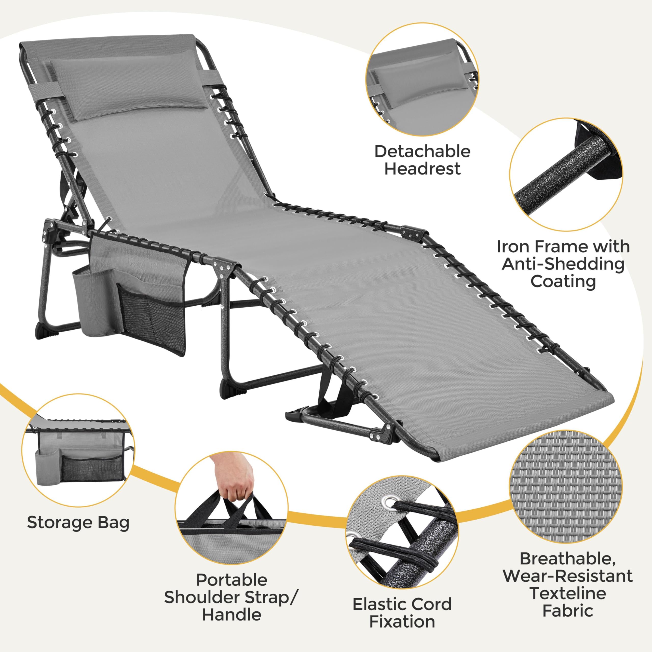 Yaheetech 26.4" Outdoor Folding Tanning Chair, Chaise Lounge Chairs with 5 Back Position Adjustable, Extended Portable Lounger for Beach, Patio, Gray