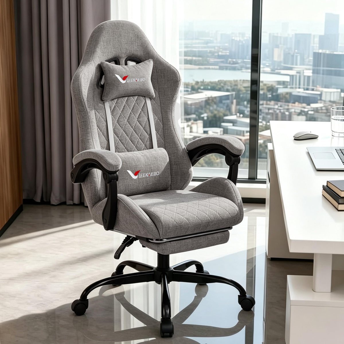 Leekaeiio Fabric Gaming Chair for Adults, Ergonomic Computer Office Desk Chair with Footrest,Pocket Spring Cushion, Reclining High Back Silla Gamer for Home Office, Light Grey