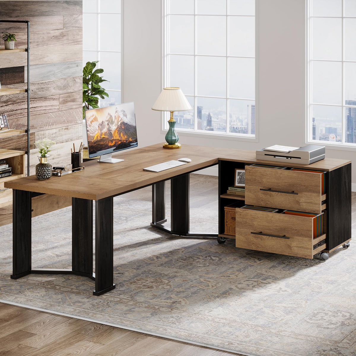 L-Shaped Desk with File Cabinet