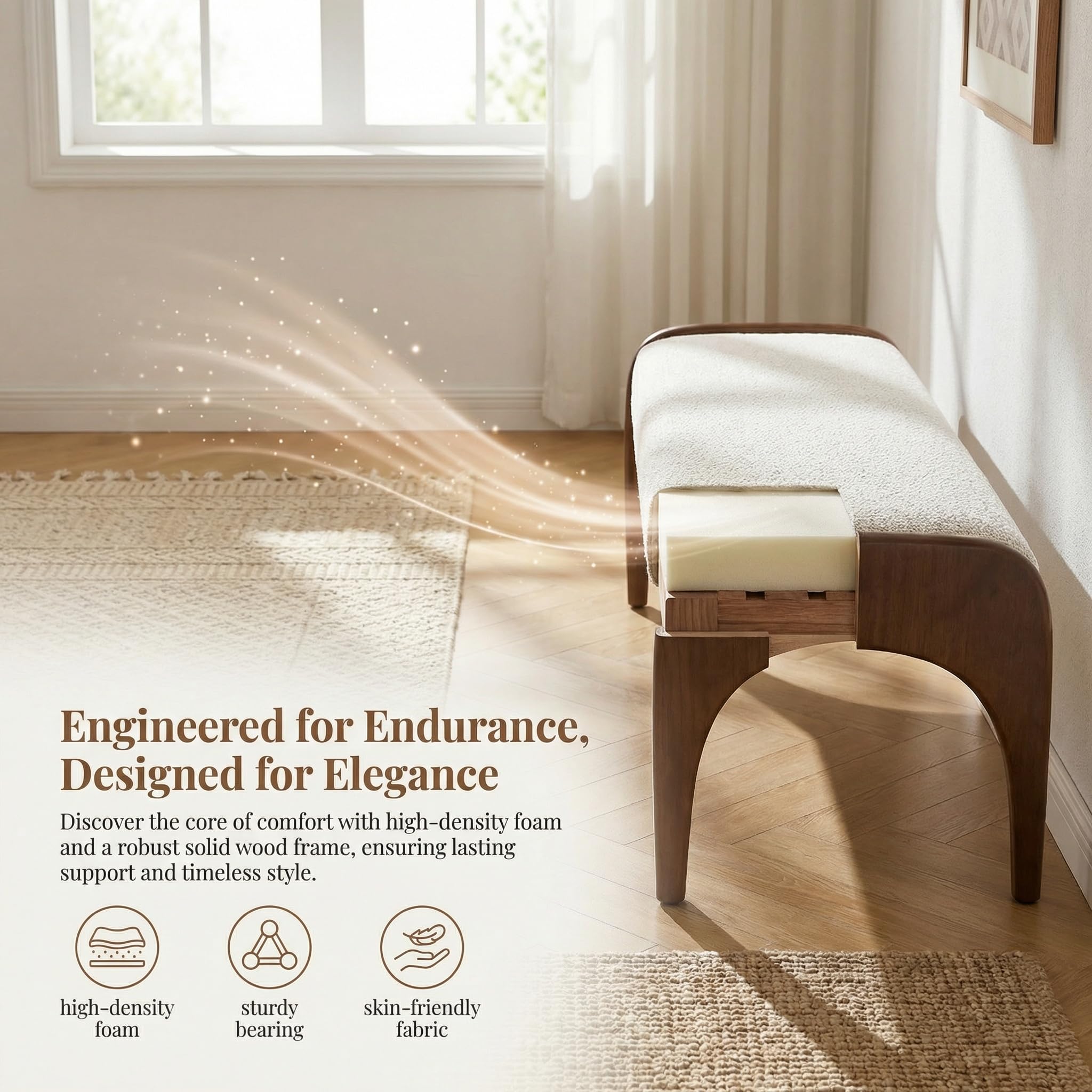 Upholstered Long Bench with Solid Wood Legs
