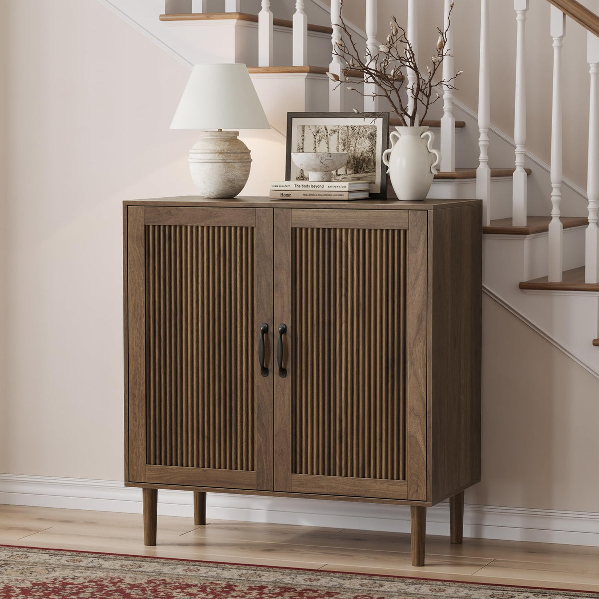 Algherohein Sideboard Cabinet with Adjustable Shelf, Freestanding Small Buffet with Storage, Wooden Console Cabinet with Gradien Fluted Doors for Living Room, Entryway, Console 31.5 in (Walnut)