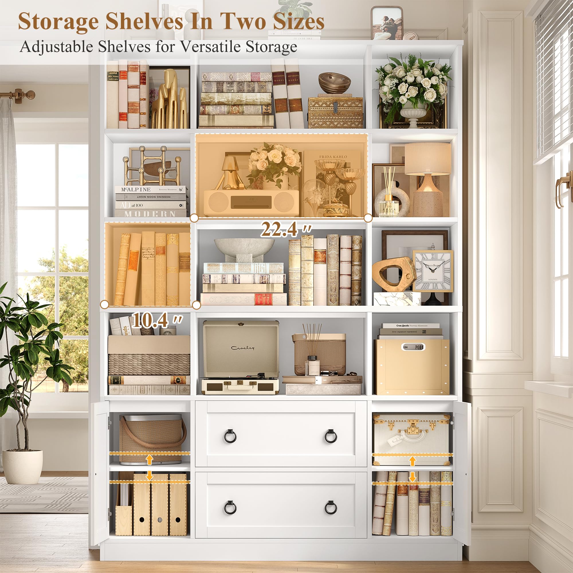 FINETONES 71" H White Bookshelf with Doors, 6 Tier Tall Bookcase with Drawers, Triple Wide Large Bookshelves and Bookcases, Wood Book Shelf Storage Cabinet for Home Office, White