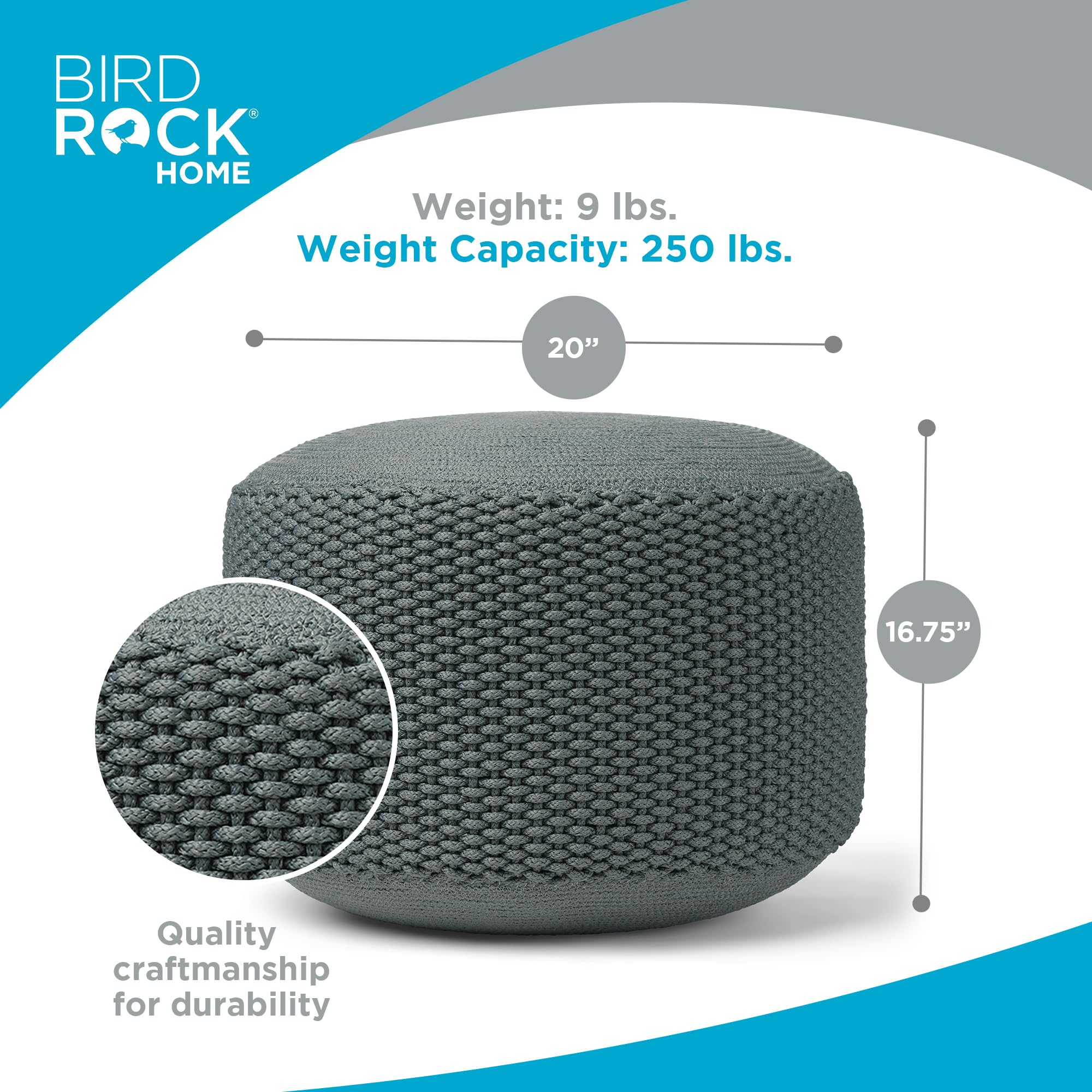 BIRDROCK HOME Outdoor Pouf Ottoman - Mist - Woven Indoor or Backyard Patio Use - Floor Footstool for Living Room- Knit Bean Bag - Oversized Padded Chair - Moroccan Foot Rest