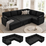 Leitonroom 105" Pull Out Couch with Storage, Sleeper Sofa, 7 Seat U Shaped Sectional Couches for Living Room, Family & Pet Friendly Chenille, Modular Sectional Couch with Removable Covers, Black