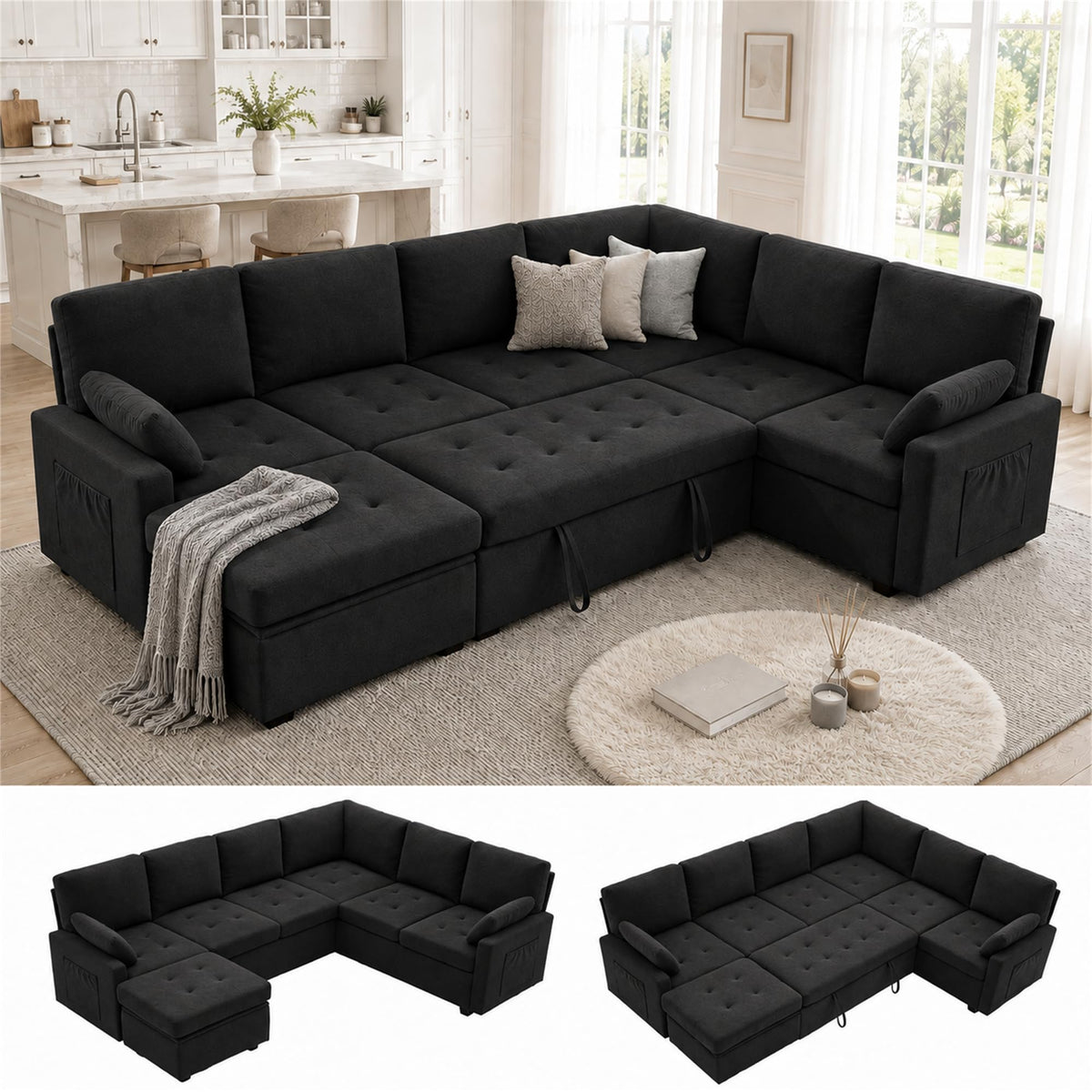 Leitonroom 105" Pull Out Couch with Storage, Sleeper Sofa, 7 Seat U Shaped Sectional Couches for Living Room, Family & Pet Friendly Chenille, Modular Sectional Couch with Removable Covers, Black