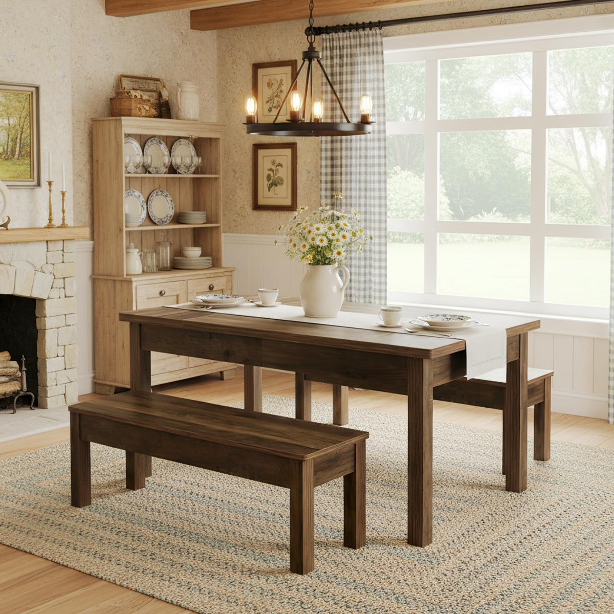 Tribesigns 55" Farmhouse Kitchen Table with 2 Dining Benches, Space Saving Dining Table Set for 4-6, 3 Pieces Wooden Dinette Set for Small Space, Restaurant, Breakfast Nook