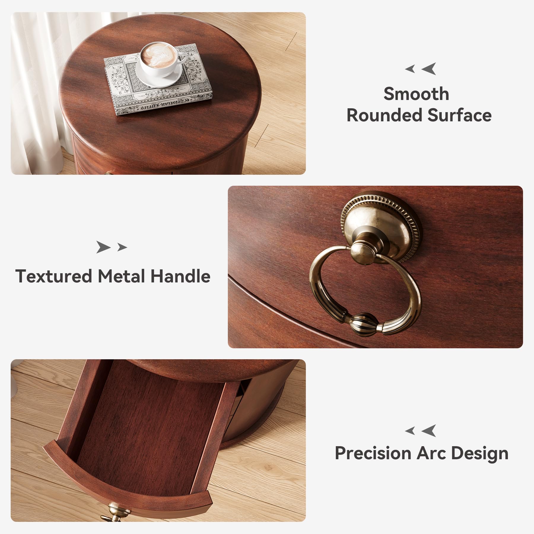 LITTLE TREE Small Side Table, Round Solid Wood End Table with Storage for Living Room, Mid Century Modern Nightstand with 4 Drawers for Bedroom, Small Spaces, Couch, Bedside, No Assembly Required