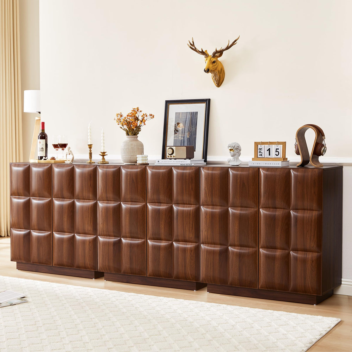XUZENEST Set of 3 Sideboard Buffet Cabinet with Storage, Modern Accent Cabinets with Adjustable Shelves, 6 Doors Coffee Bar Buffet Table Credenza for Living Room Kitchen Hallway,Walnut