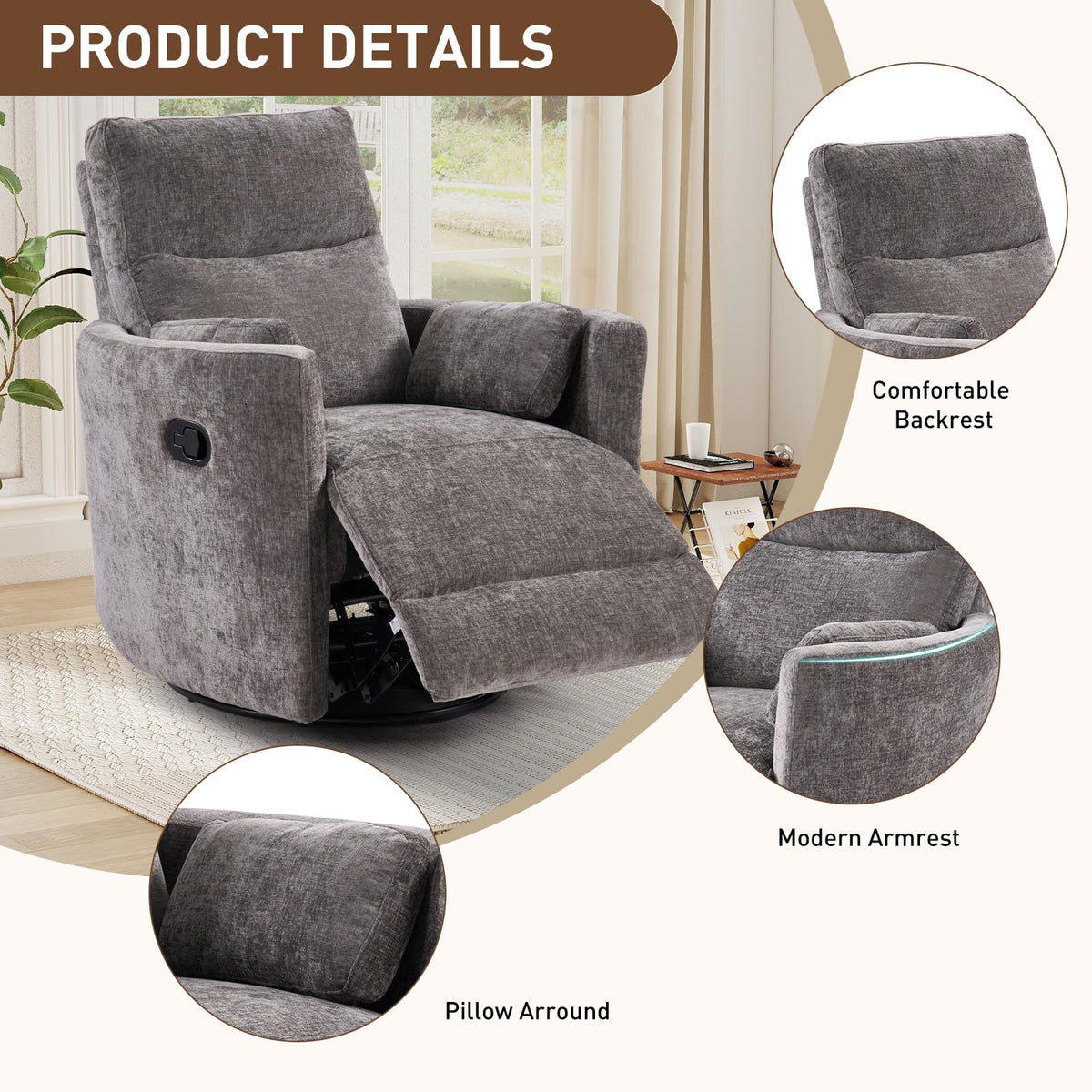Bonzy Home Swivel Rocker Recliner Chair, Glider Rocker Recliner, Gray