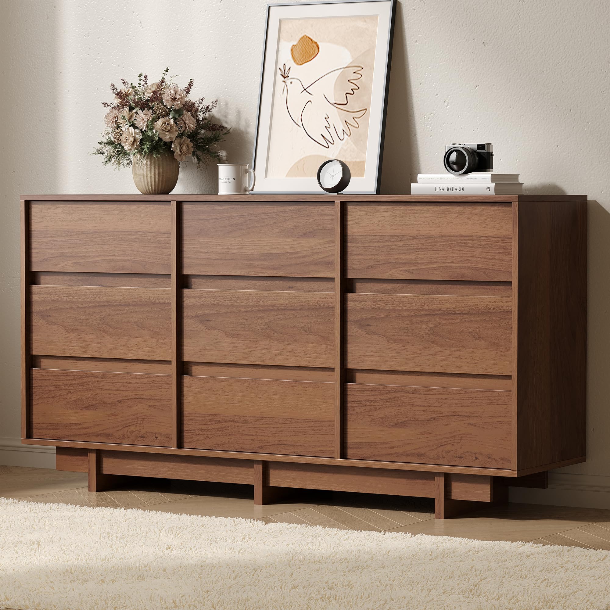 SINROM Walnut Dresser for Bedroom, 59" Wide 9 Drawer Dresser, Mid Century Modern Dressers Chest of Drawers, Wooden Large Dressers for Bedroom, Closet