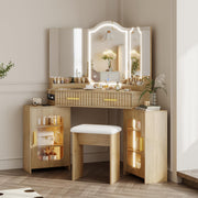 ZKIODV Corner Vanity Desk with 3 Way Mirror & LED Lights, Makeup Table Set with Charging Station, Storage Drawers & Side Cabinets, Modern Bedroom Dressing Table for Women & Girls Birthday Gift