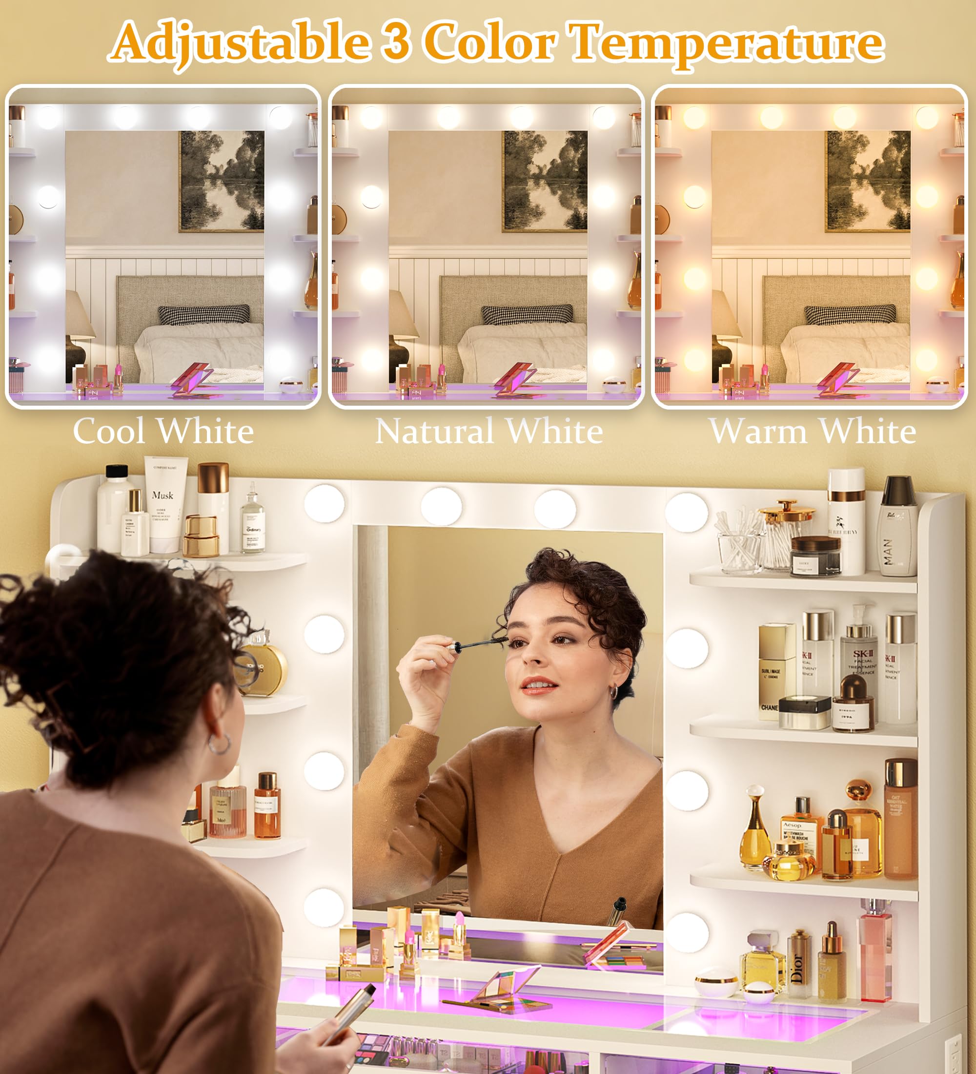 HUAHUU Vanity Desk, Makeup Vanity Desk with Mirror and Lights 3 Colors, Transparent Top with 3 RGB Drawers, 6 Shelves, 2 Large Tempered Cabinets, Power Outlet, for Bedroom, White