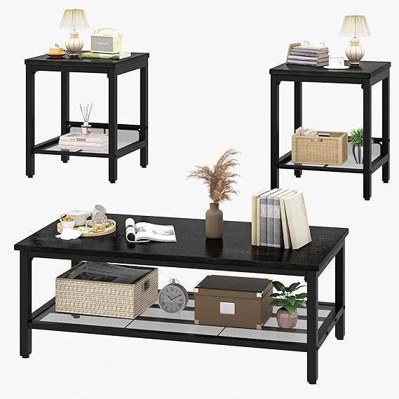 3-Piece Industrial Coffee Table Set with 2 End Tables
