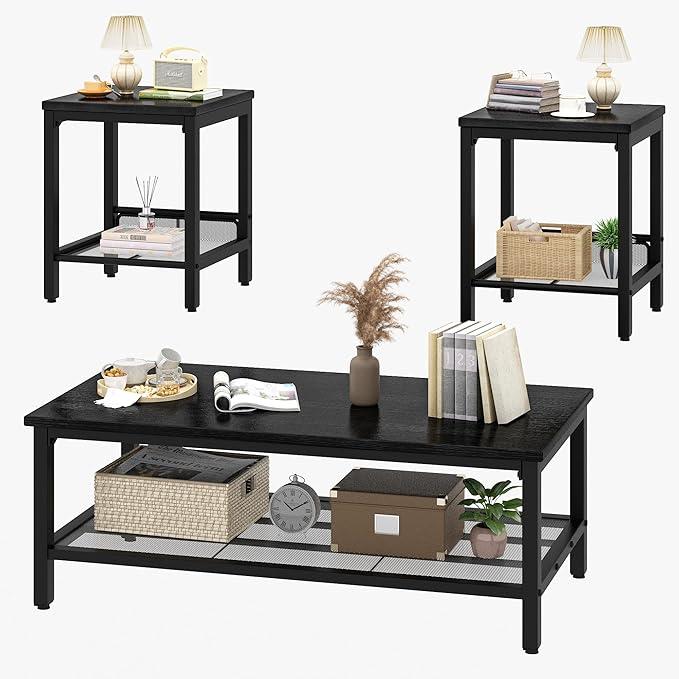Industrial 3-Piece Coffee Table Set with 2 End Tables