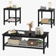 Recaceik 3-Piece Living Room Coffee Table Set, Industrial Coffee Table with 2 Square End Side Tables, Modern Living Room Table Set with Metal Frame for Apartment Home Office (Black)
