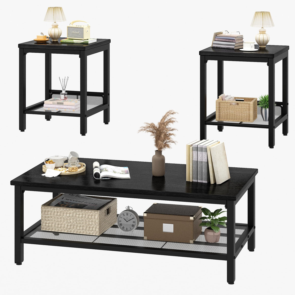 Recaceik 3-Piece Living Room Coffee Table Set, Industrial Coffee Table with 2 Square End Side Tables, Modern Living Room Table Set with Metal Frame for Apartment Home Office (Black)