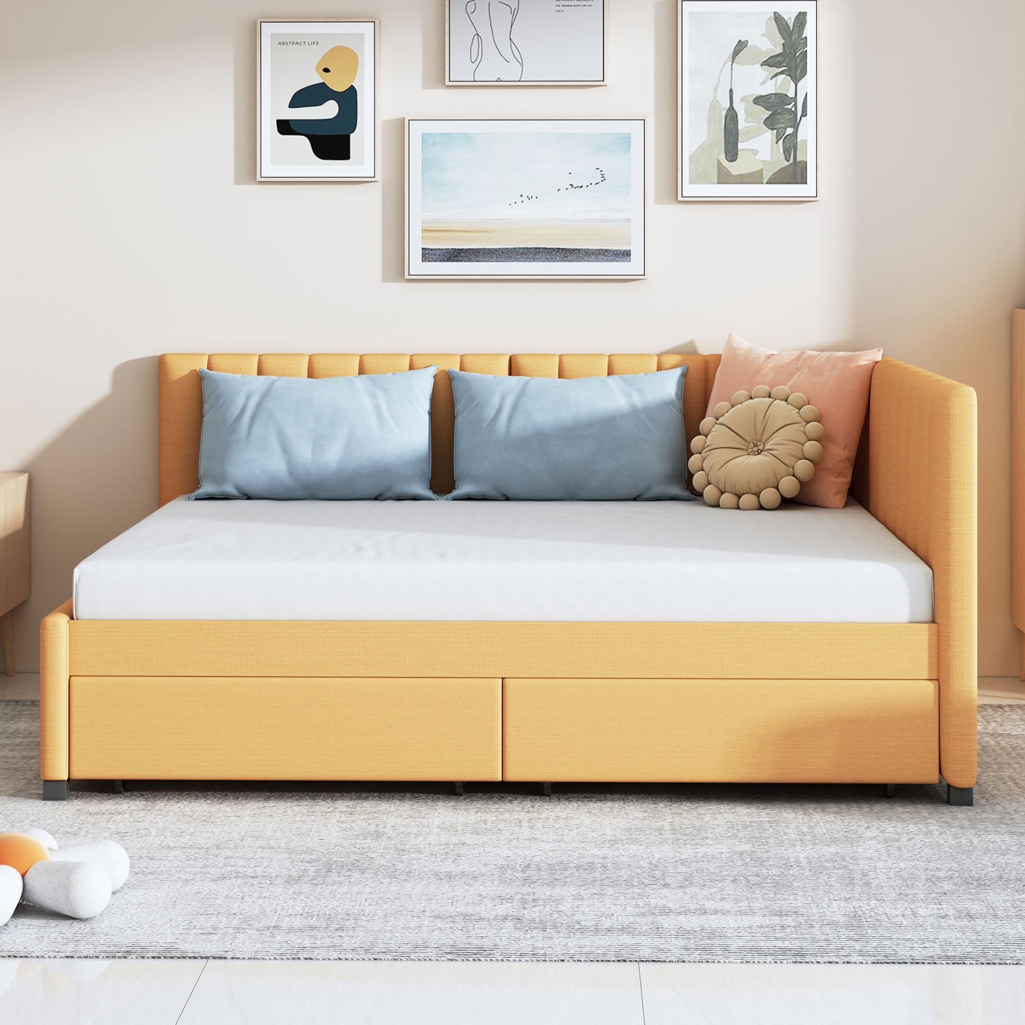 Merax Full Size Daybed with Drawers, Upholstered Full Daybed, Linen Fabric Sofa Bed, No Box Spring Needed, Yellow