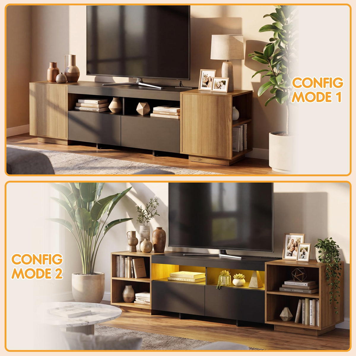 YESHOMY 70" TV Stand for TVs up to 80", RGB LED Lights, Walnut