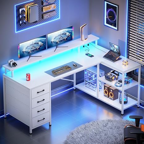 L-Shaped Desk with 4 Drawers, LED Lights & Power Outlet, 47 Inch