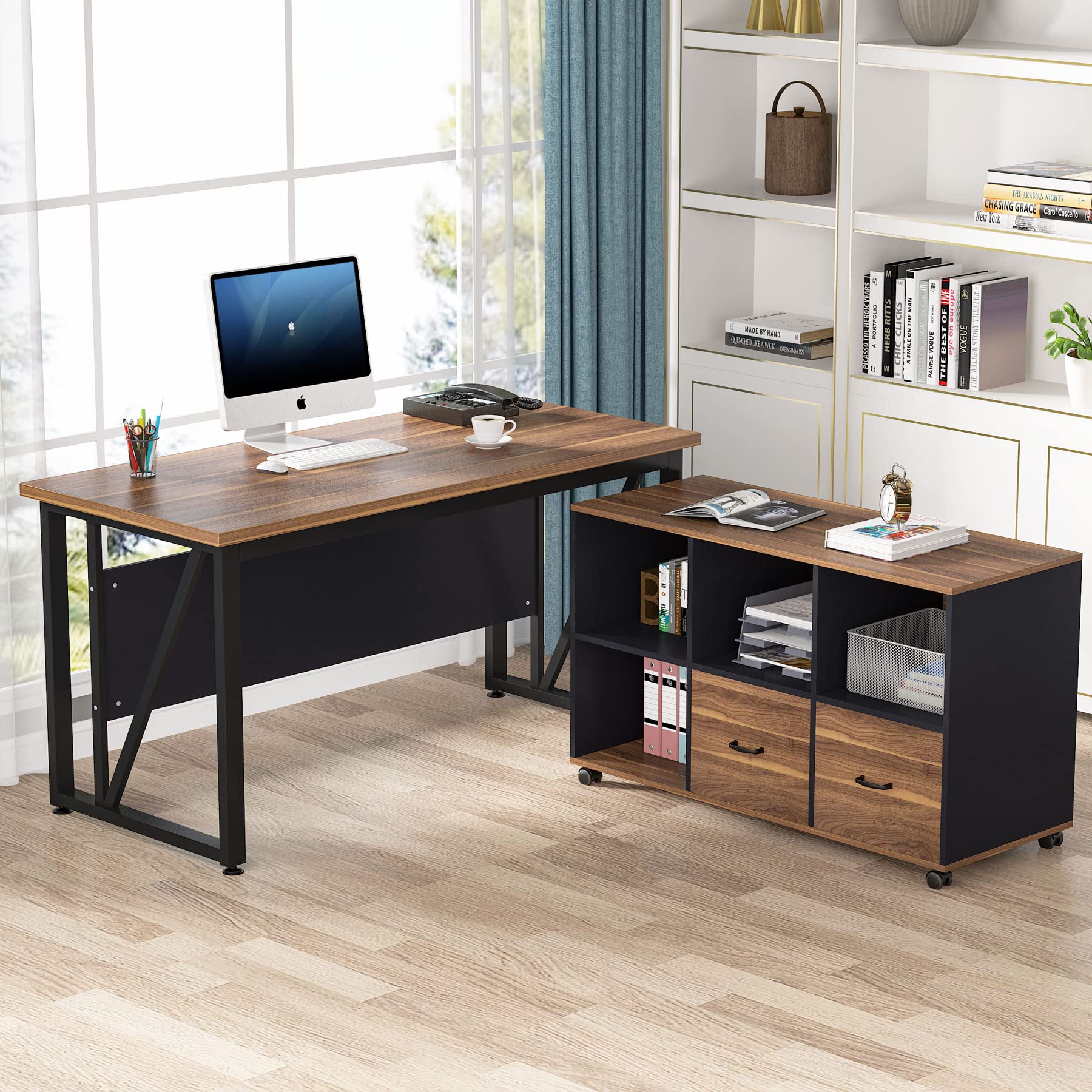 Mobile Lateral File Cabinet with 2 Drawers & Open Shelves