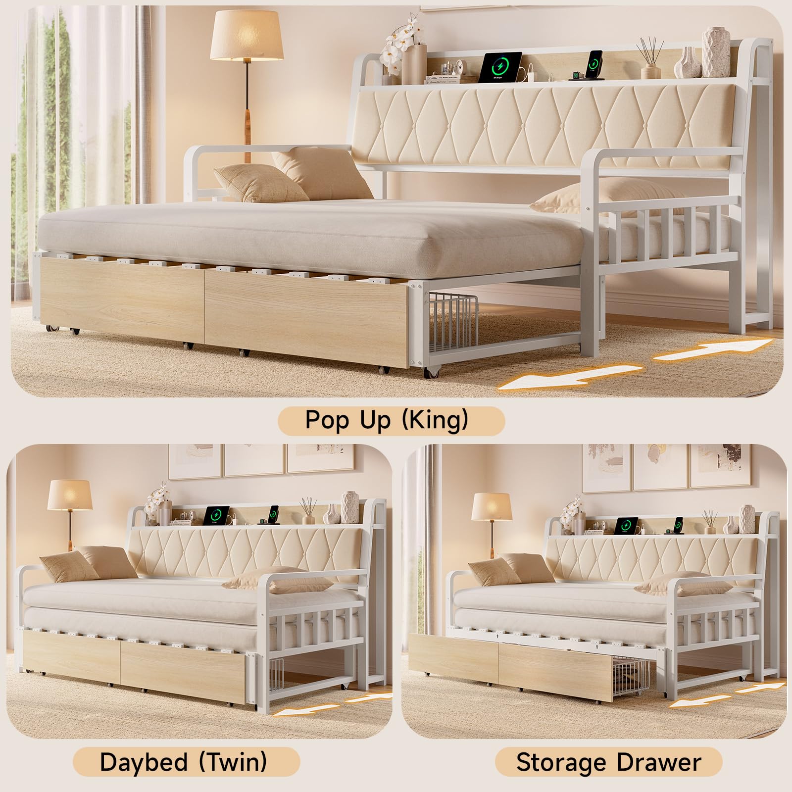 ONBRILL Twin Daybed with Trundle, Twin to King Daybed with Pop up Trundle, Metal Twin Day Bed Frame with Storage Drawers, Upholstered Headboard & Power Outlet for Living Room & Guest Room, White