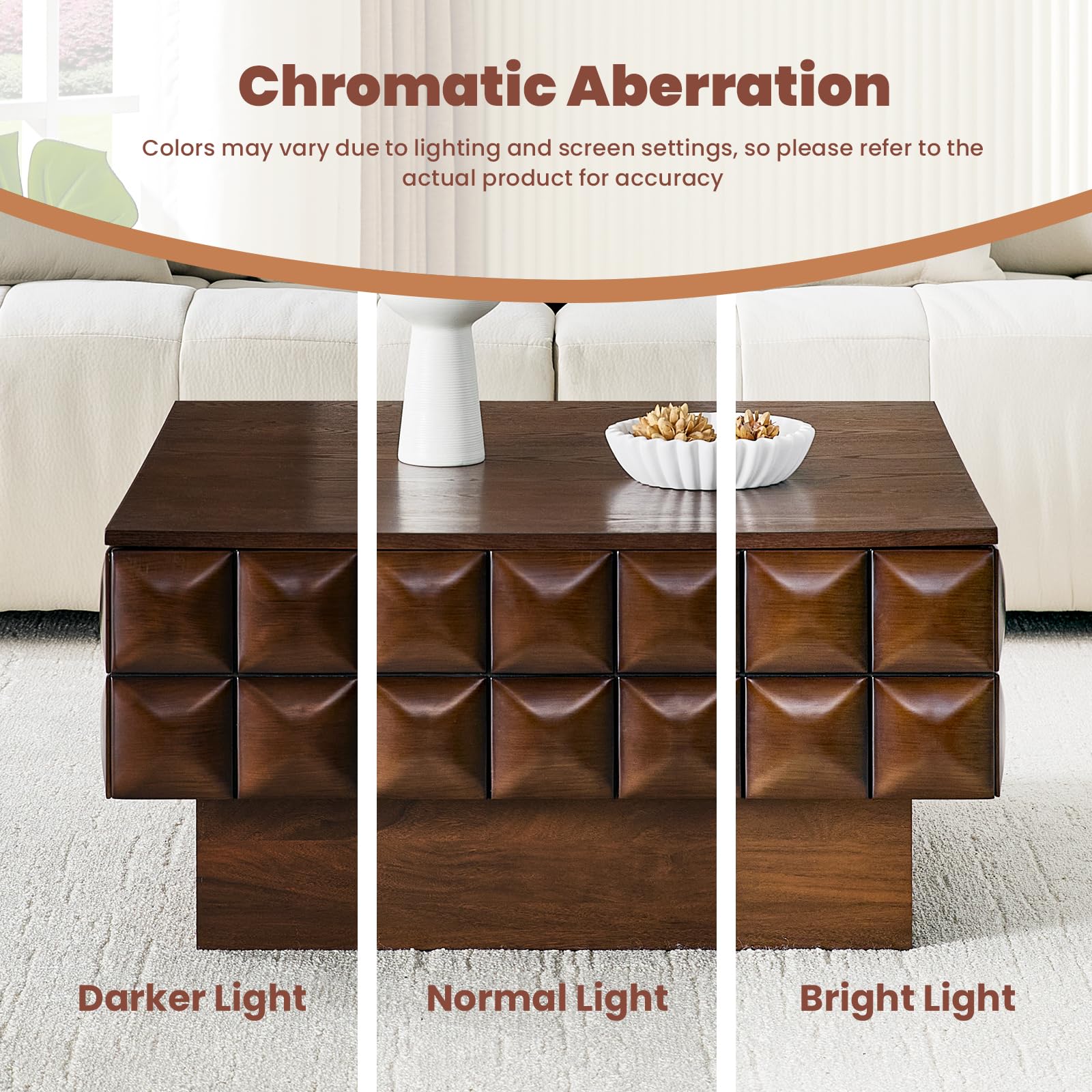 LKTART Coffee Table with Storage, 31.89" Square Coffee Table with Solid Wood Veneered, Unique Wood Center Table for Living Room Home Office (Walnut)