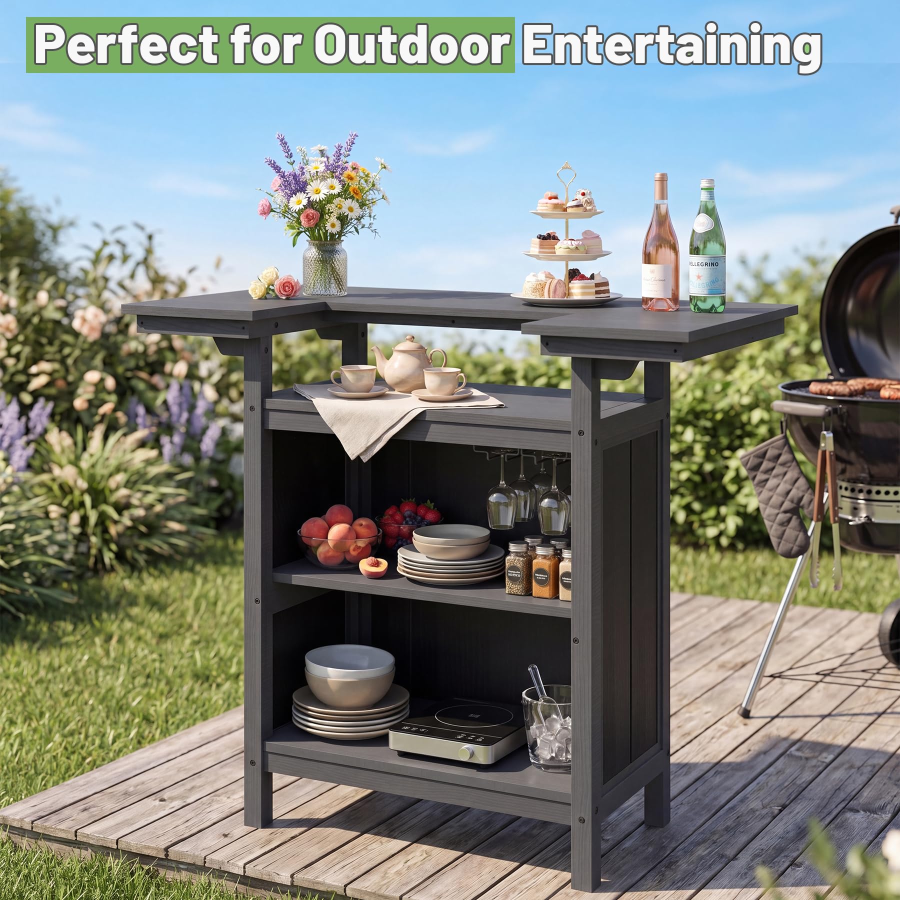 SHPAI Outdoor Bar, Patio Bar, Outdoor Kitchen Island, Outside Bar, Backyard Bar, HDPE & Aluminum Frame for Entertaining