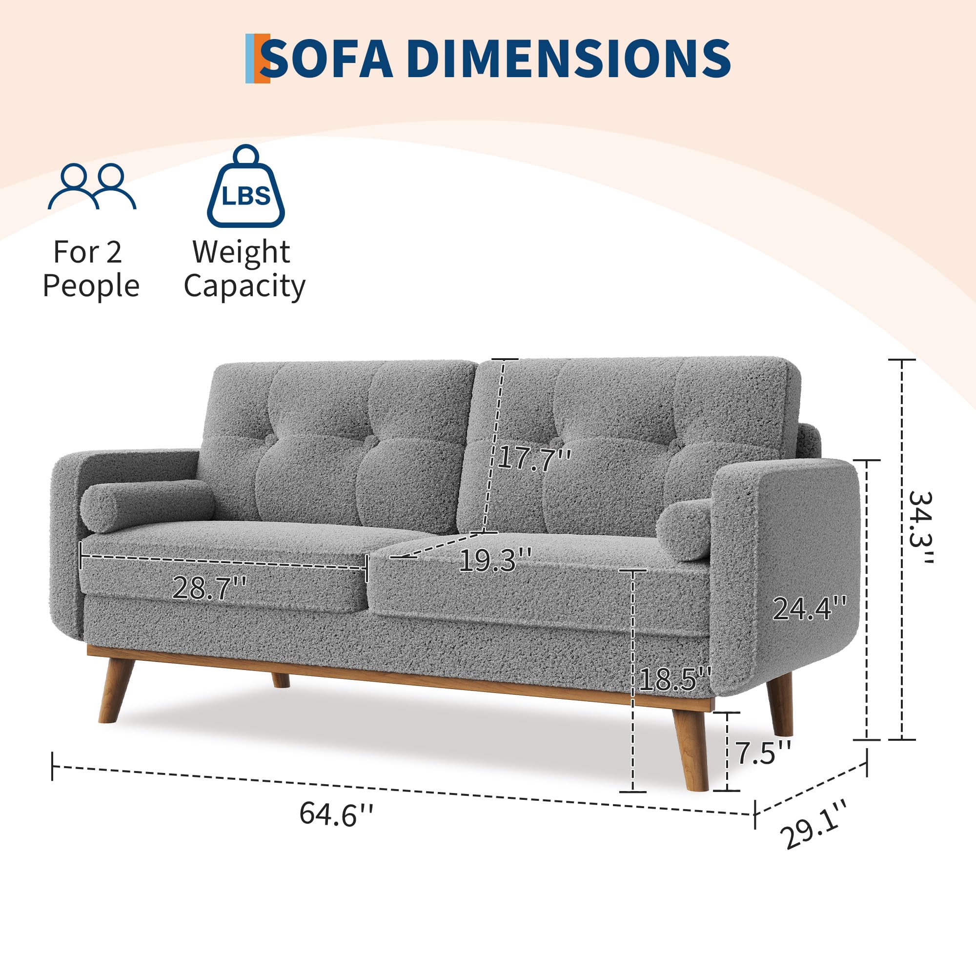 IDEALHOUSE 65" Mid Century Modern Couch Sofa Loveseat, Comfy Love Seat Couches for Living Room, 2 Seater Teddy Fleece Boucle Upholstered Deep Seat Couch for Bedroom Office Small Space, Gray