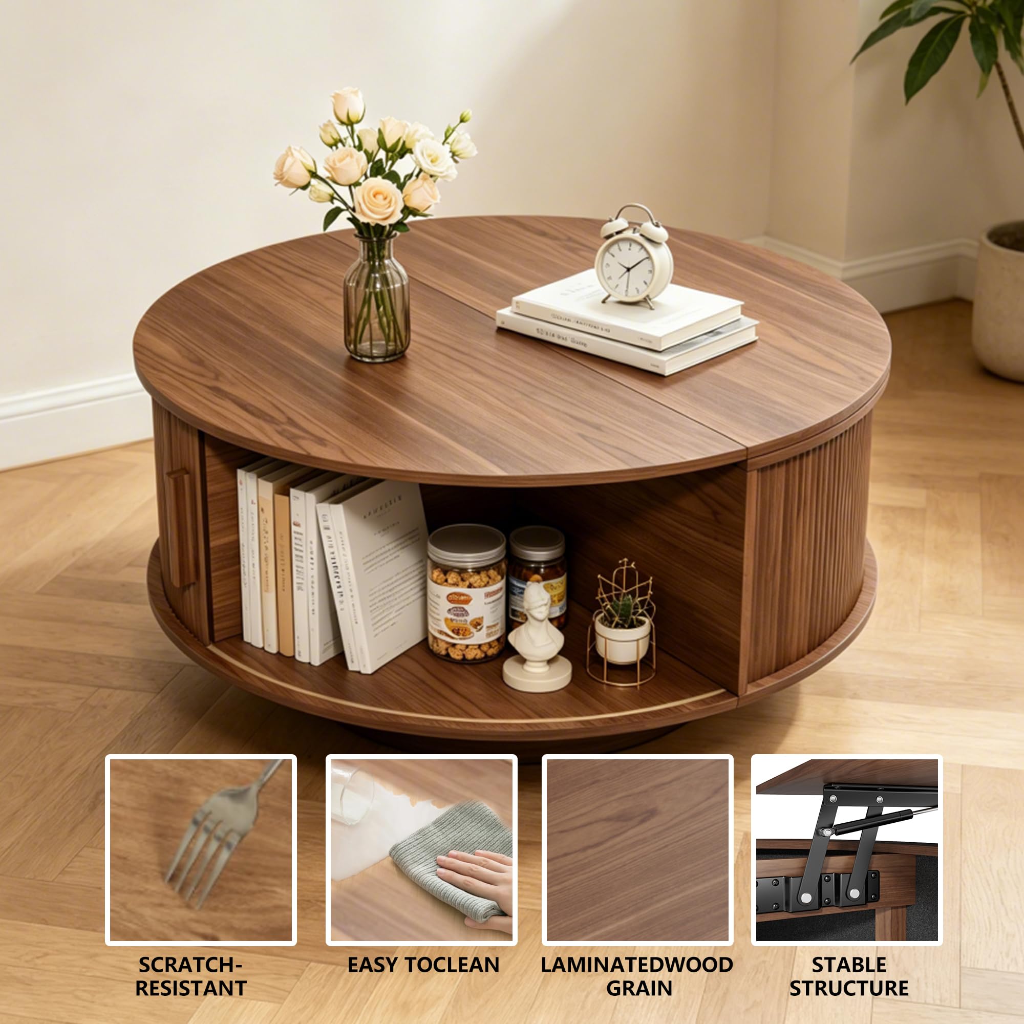 Round Lift Top Coffee Table, Mid Century Modern Fluted Circle Coffee Table with Hidden Storage Compartment, Wooden Center Table with Open Shelf for Living Room, Small Space, Walnut