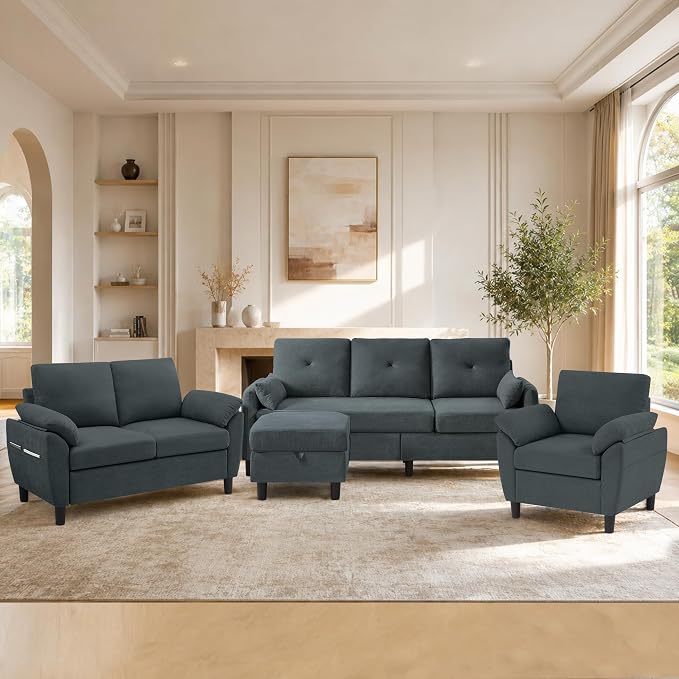 L-Shaped Sofa Set with Storage Ottoman