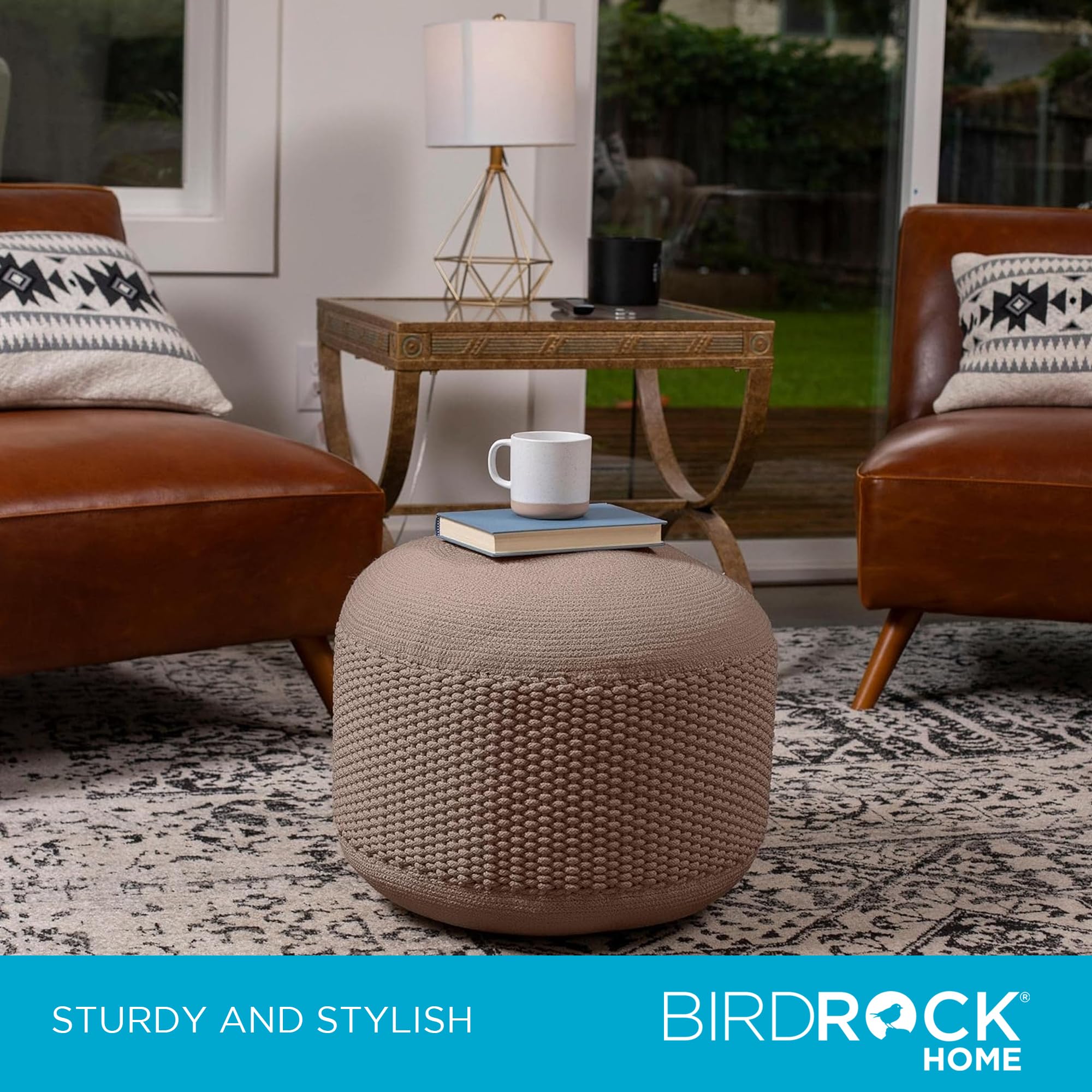 BIRDROCK HOME Outdoor Pouf Ottoman | Hand Woven Waterproof Foot Stool with Bead Bag Filling | Boho Foot Rest for Patio, Living Room, Porch & Outdoor Seating | Lightweight, Soft Stuffed Chair | Brown