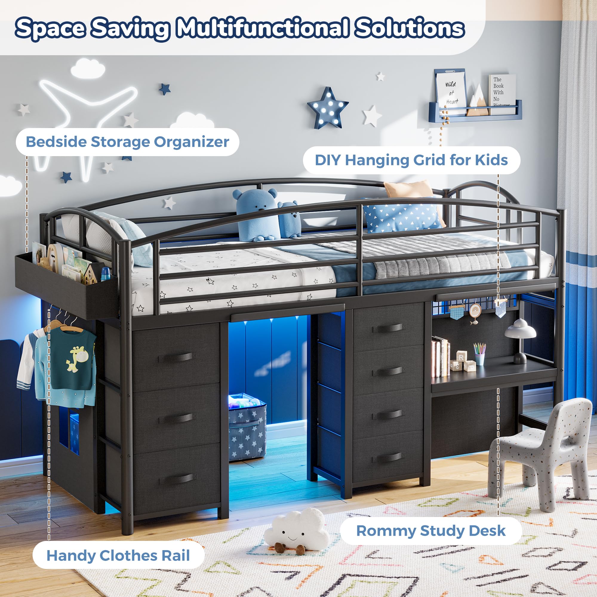 Kids Twin Loft Bed with Desk, Drawers & LED Lights