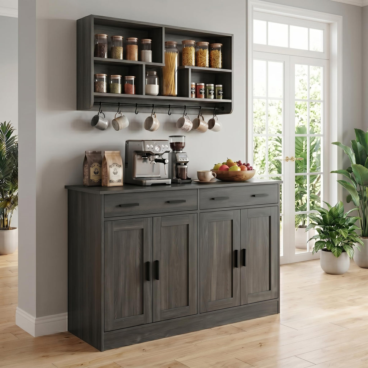 Anystyle 53" Dark Grey Buffet Cabinet with Storage, Kitchen Sideboard Buffet Server with 2 Drawers & 4 Doors, Modern Coffee Bar Cabinet Credenza for Dining Room, Living Room, Hallway