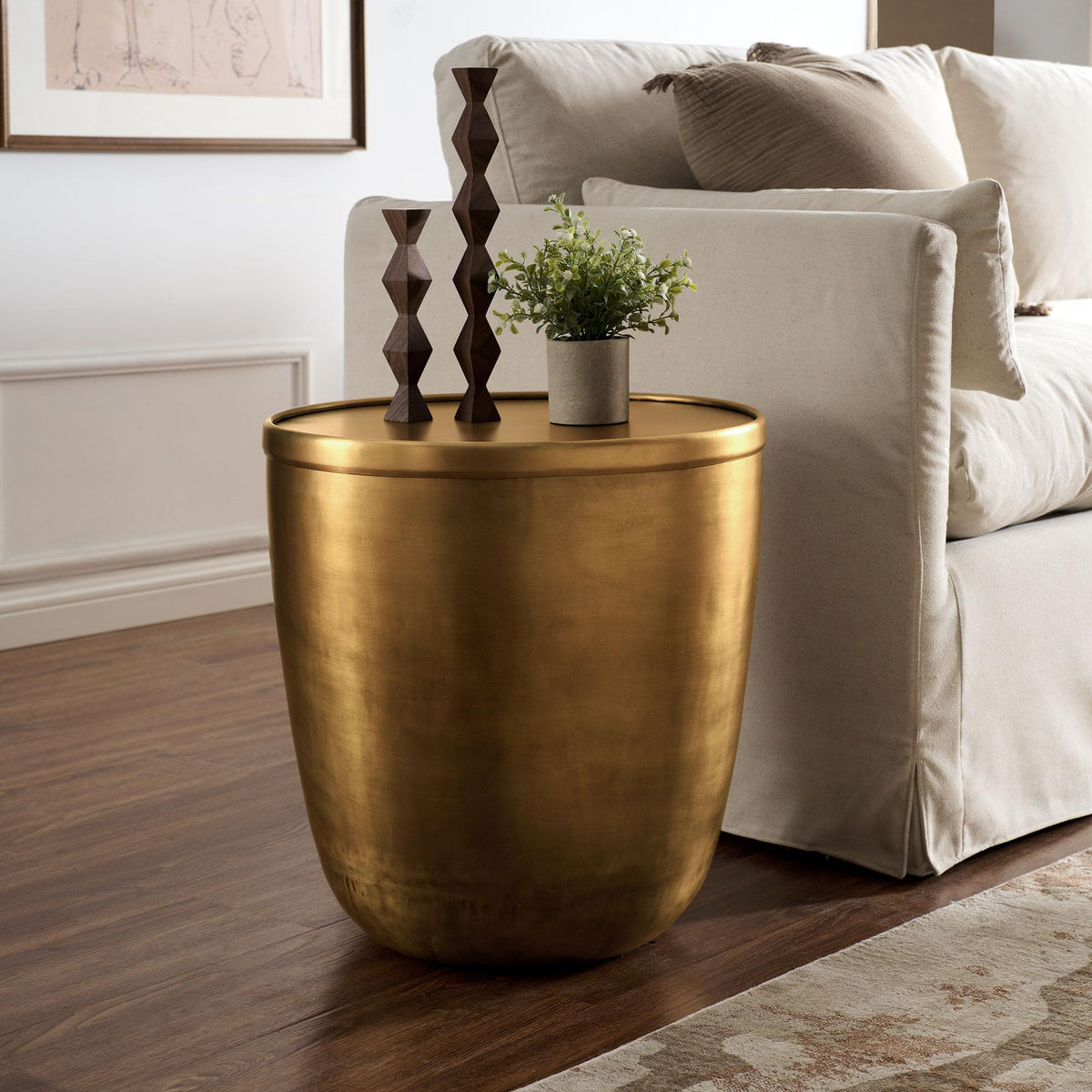 Brass-Finish Drum Storage Side Table