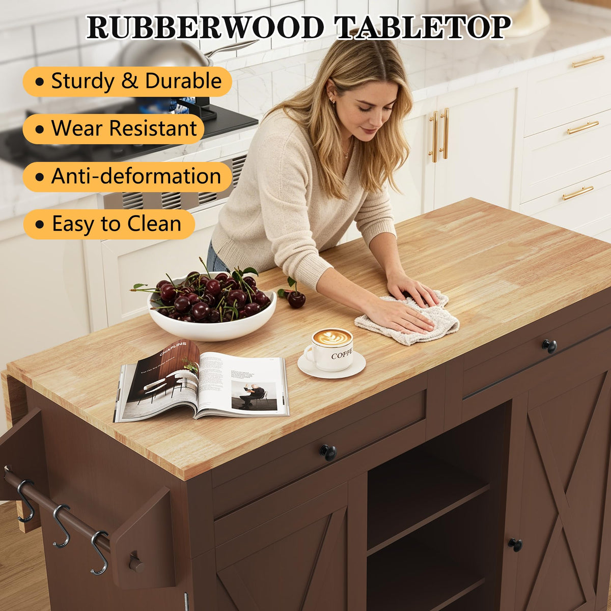 HLR Farmhouse Kitchen Island On Wheels, Brown