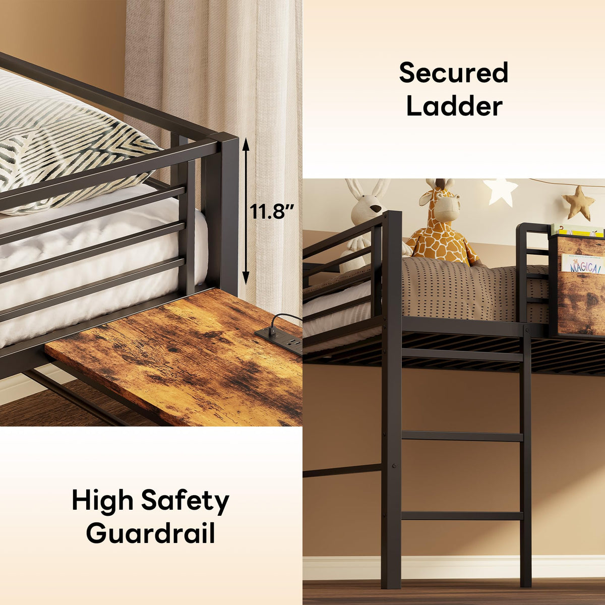 LIKIMIO Low Loft Bed Twin Size with Desk & 25 Heavy-Duty Steel Slats