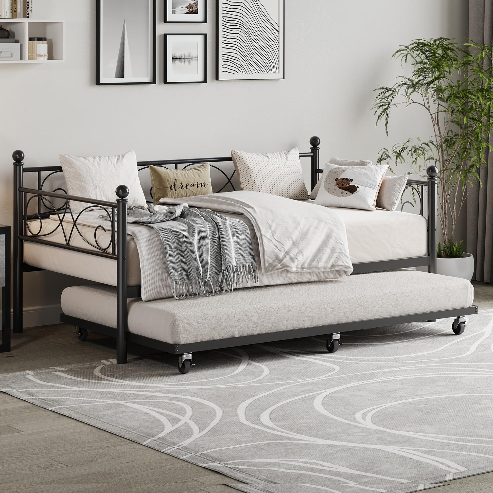 GarveeHome Daybed with Trundle Bed, Twin Size Day Bed with Floral Headboard, Metal Sofa Bed Frame with Pull-Out Trundle, Heavy Duty Steel Slats Supports, for Living Room, Guest Room, Black