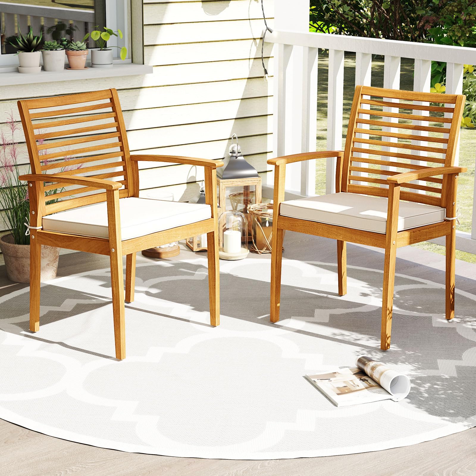 Tangkula Acacia Wood Patio Chairs Set of 4, Wood Outdoor Dining Chairs w/Removable Padded Cushion, Slatted Backrest, 400 LBS Weight Capacity, Balcony Furniture for Deck, Poolside, Yard, Garden