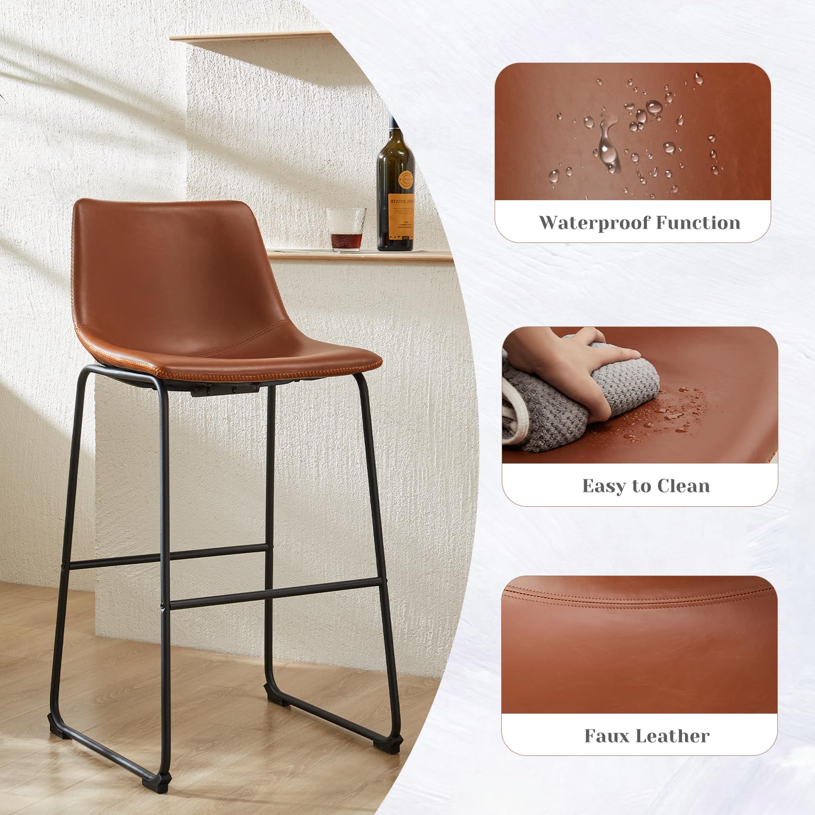 Counter Height Bar Stools Set of 2 – Brown Faux Leather, Metal Legs