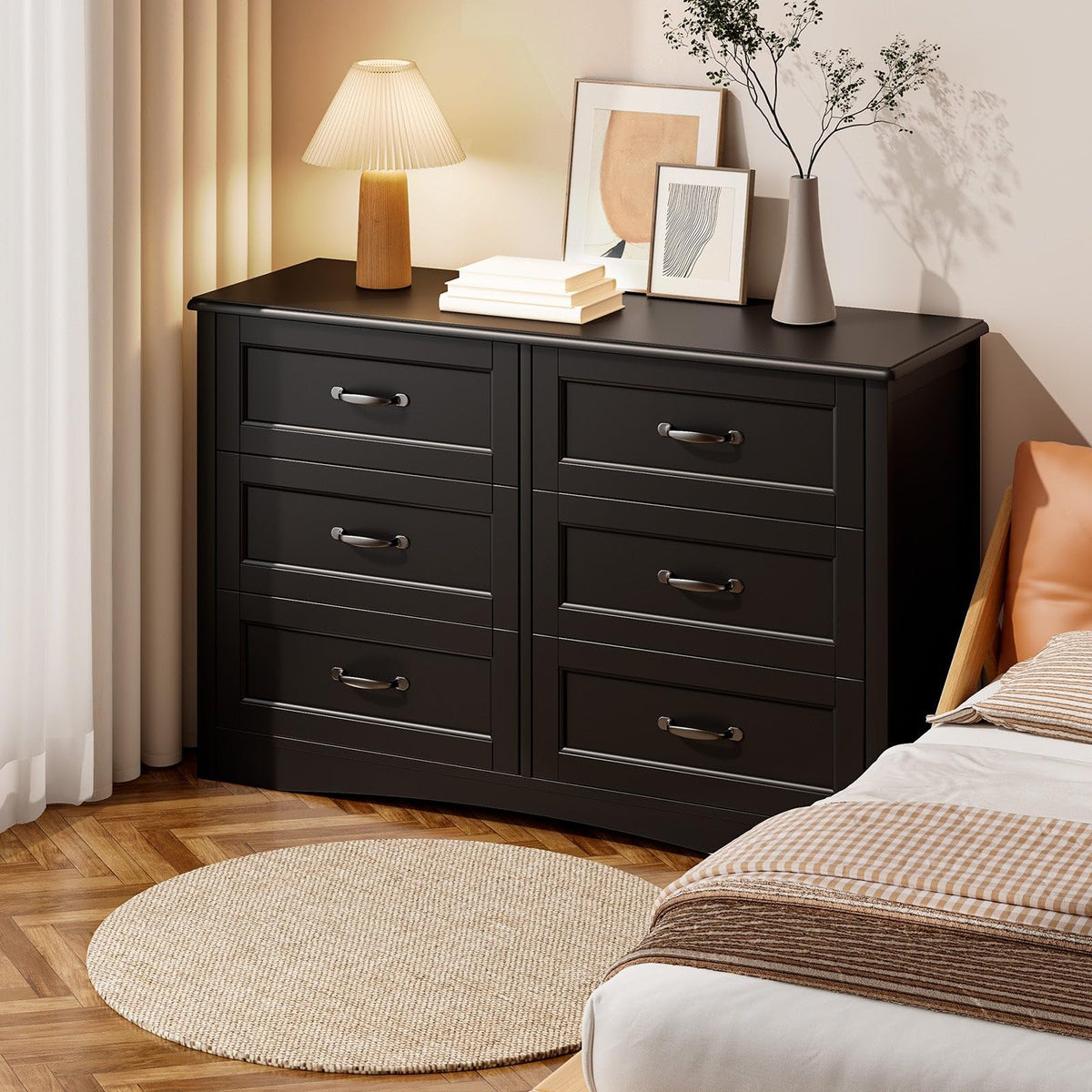 Gizoon 47" 6 Drawer Dresser, Black Wide Chest of Drawers for Bedroom