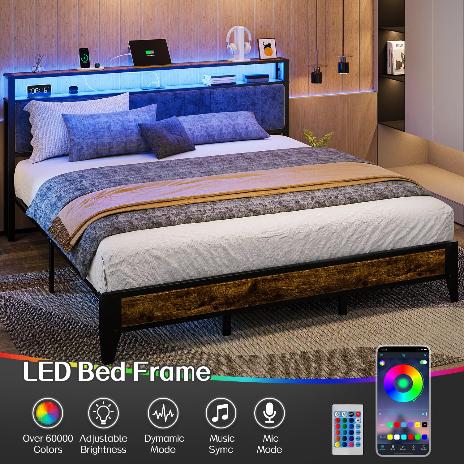 King Platform Bed Frame with LED Headboard & Charging Station