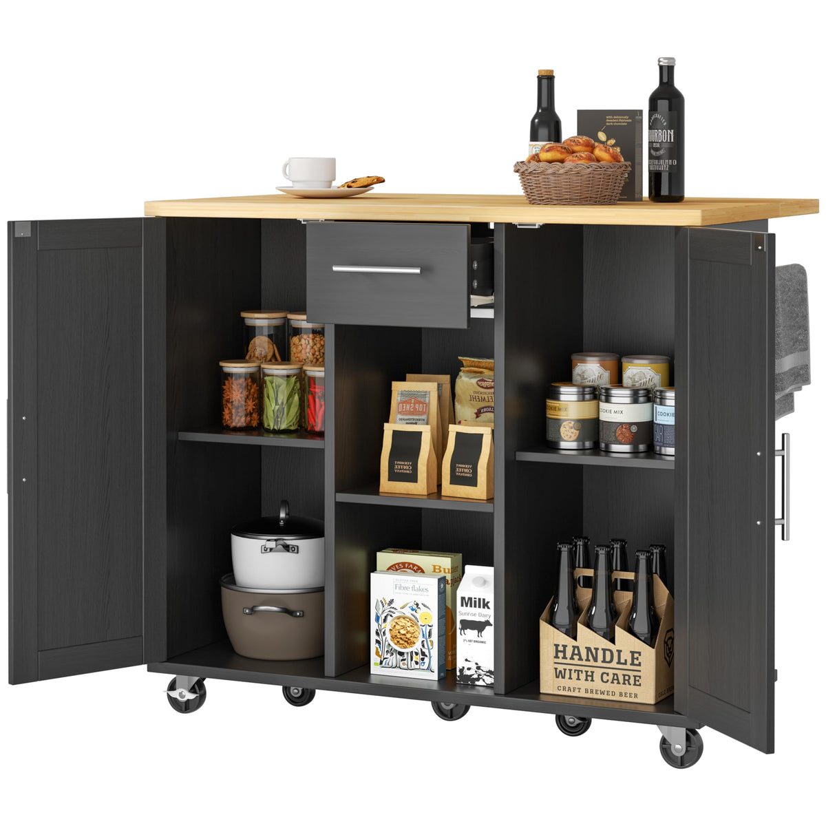 JY QAQA 42" Kitchen Island with Storage on Wheels, Rolling Table with Drop Leaf, Drawers, Cart Handle for Towel Rack or Free Movement, Black