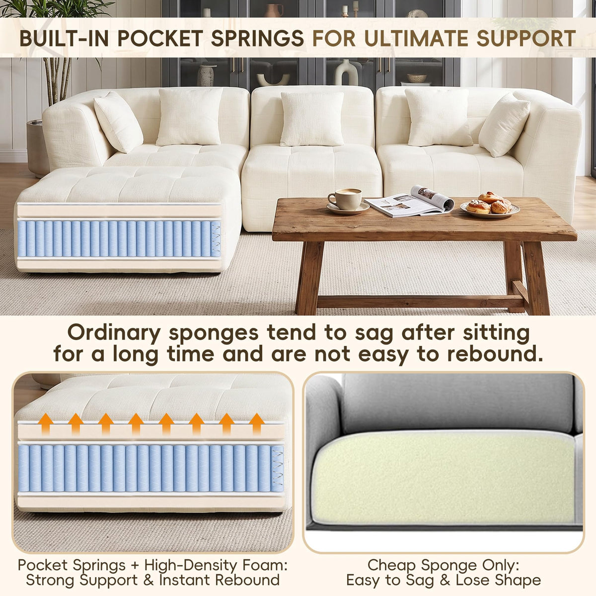 XVD 110" Boneless Couch, Modular Sectional Sofa with Deep Seat, Off White