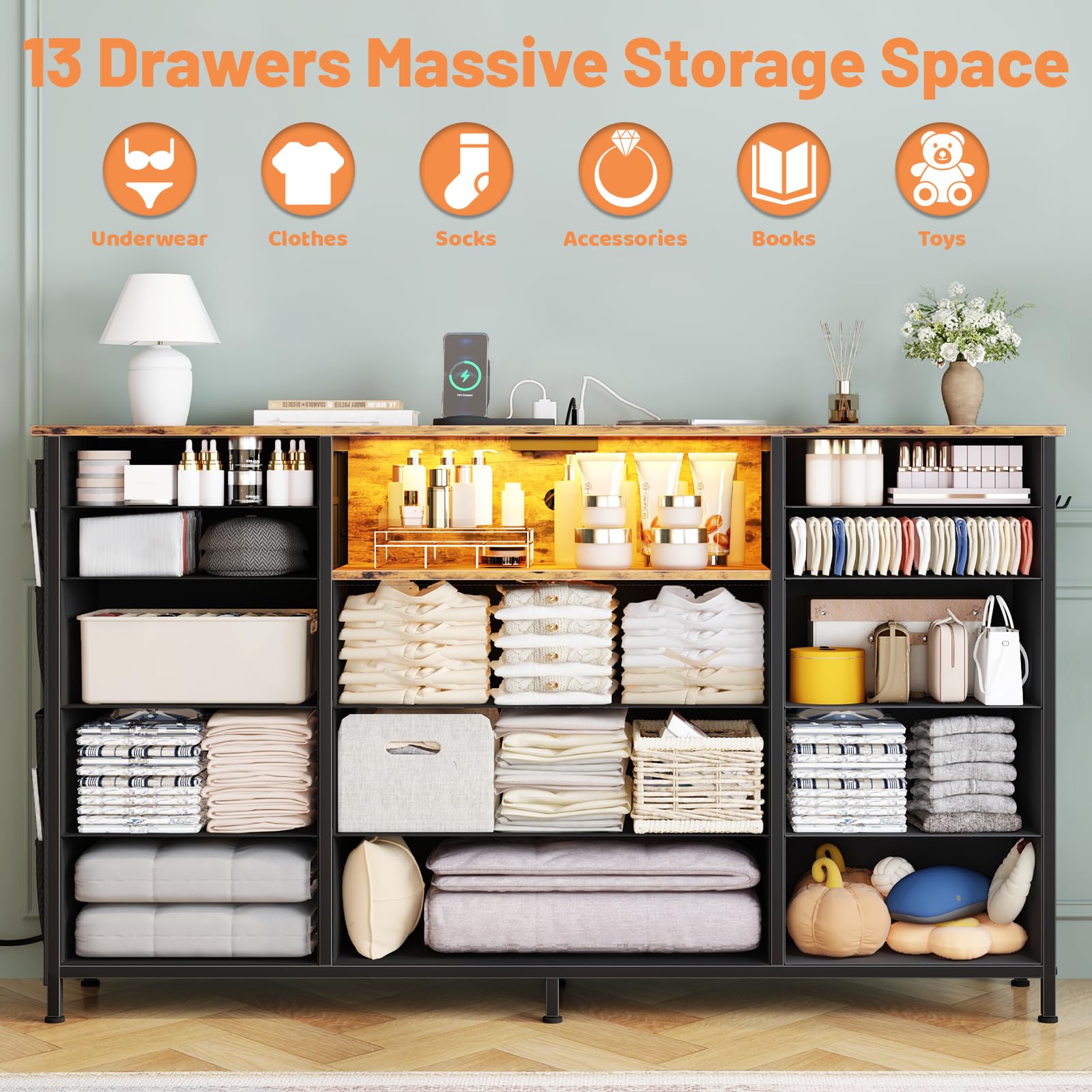 HCHQHS Dresser for Bedroom with 13 Drawers, 47 Inch Fabric Dresser with Remote Control Lights, Side Pockets & Hooks for Closet or Large TV Stand (Rural Brown)