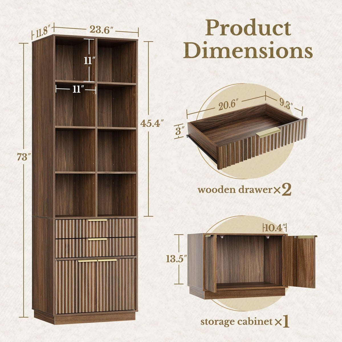 Perledesign Home Office Furniture Set, 63'' L Shaped Standing Desk with 73'' Bookshelf, Electric Height Adjustable Desk with Drawers, File Cabinet, Office Furniture Desk Sets, Fluted Black Walnut