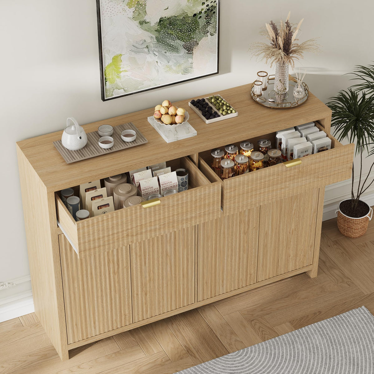 ANYMAPLE 55" Buffet Sideboard Cabinet with Storage Drawers, Fluted Credenza Storage Cabinet with Adjustable Shelf & Doors, Coffee Bar Station for Hallway