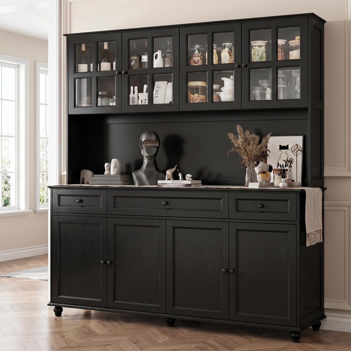 Loomie 71" Tall Kitchen Pantry Storage Cabinet, 63" Wide Kitchen Hutch Cabinet with Large Countertop, Tall Pantry with Drawers, Display Cabinets with Glass Door for Living Room