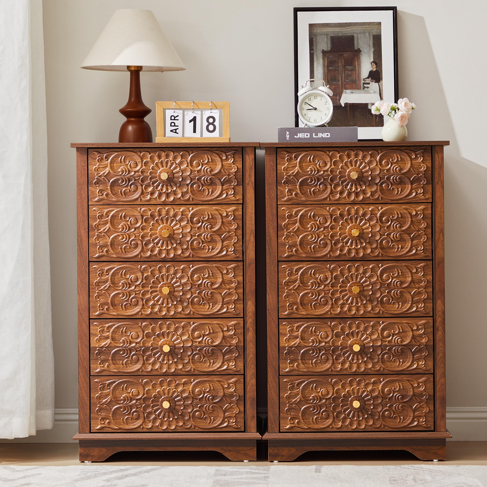 5-Drawer Narrow Dresser with Floral High-Gloss Front