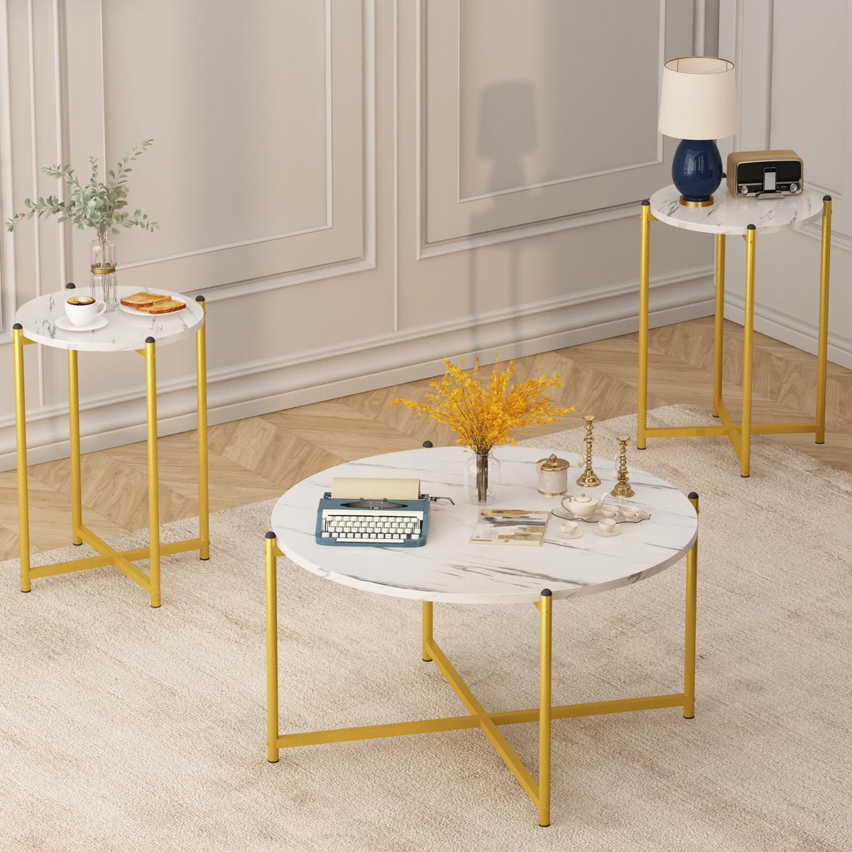 3-Piece Round Faux Marble Table Set